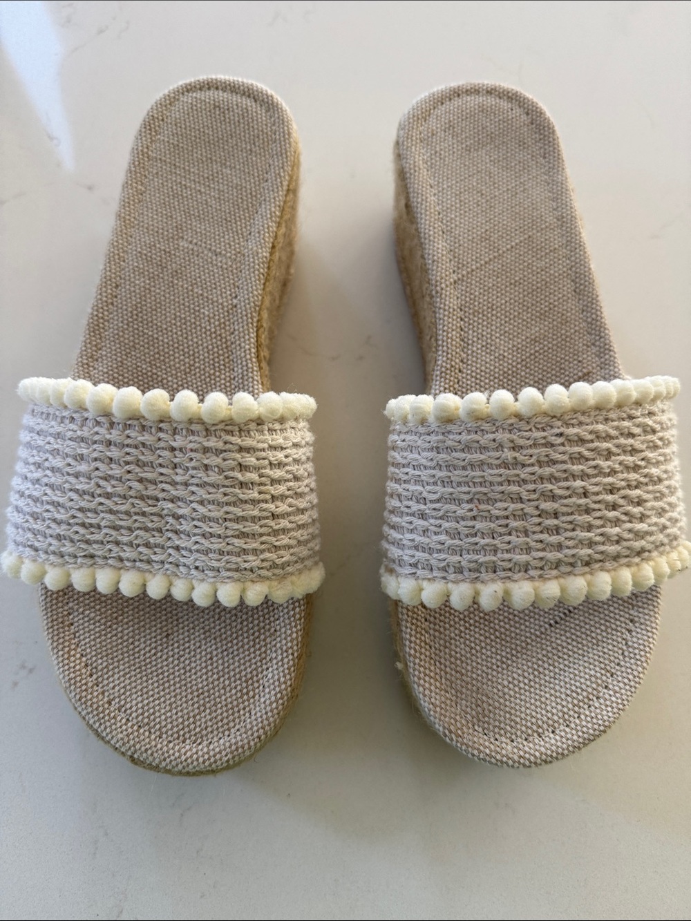 Women's Cream Pom-Pom Espadrille Slide Sandals Size: 8